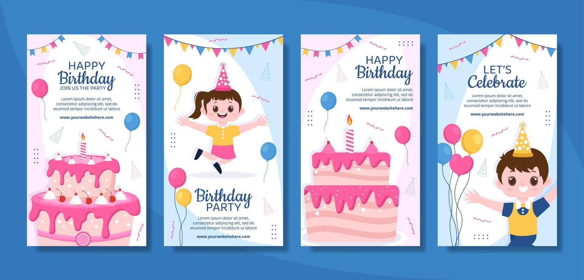 Happy Birthday Party Social Media Stories Template Flat Cartoon Background Vector Illustration