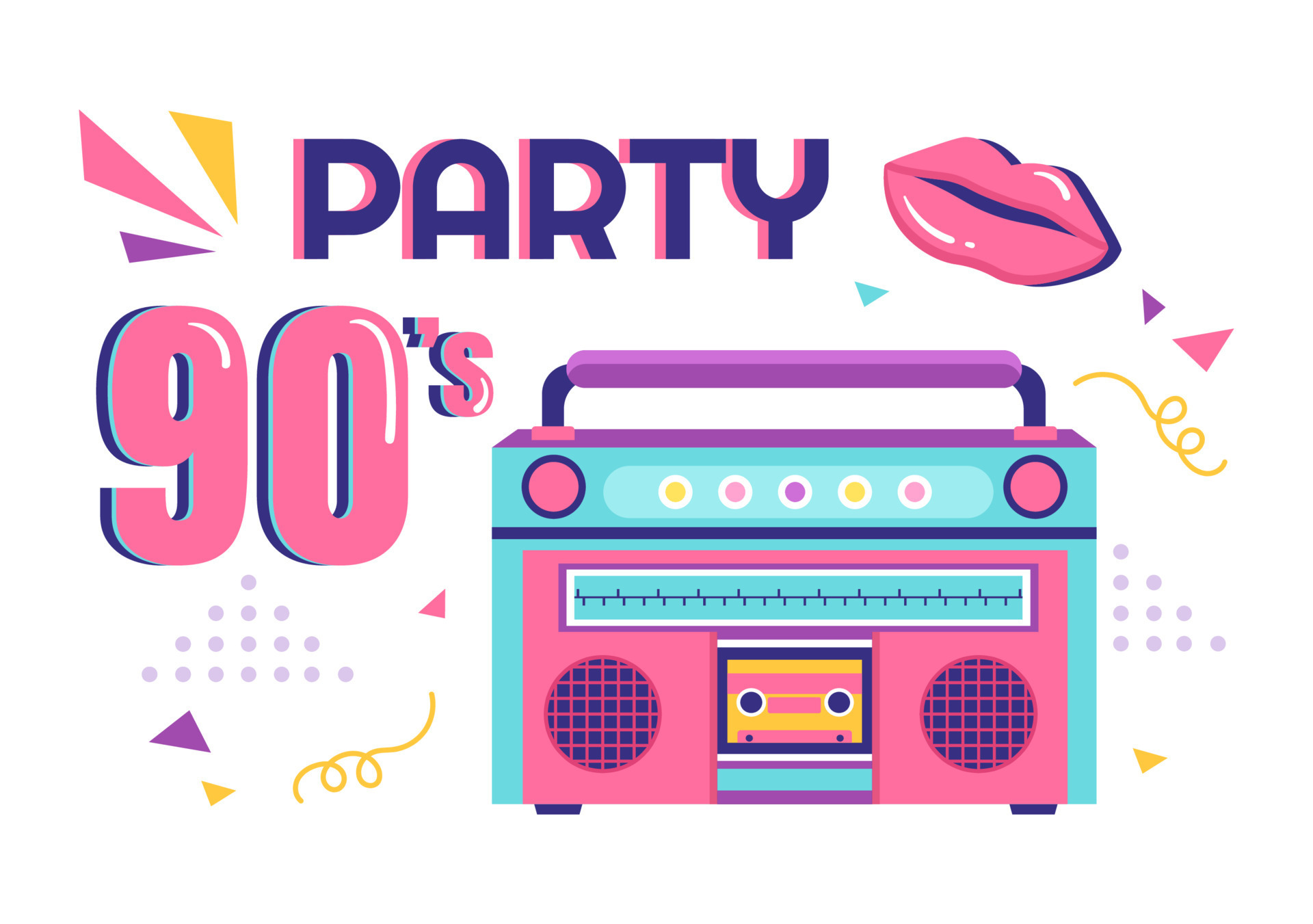 90s Retro Party Cartoon Background Illustration with Nineties Music,  Sneakers, Radio, Dance Time and Tape Cassette in Trendy Flat Style Design  9668900 Vector Art at Vecteezy