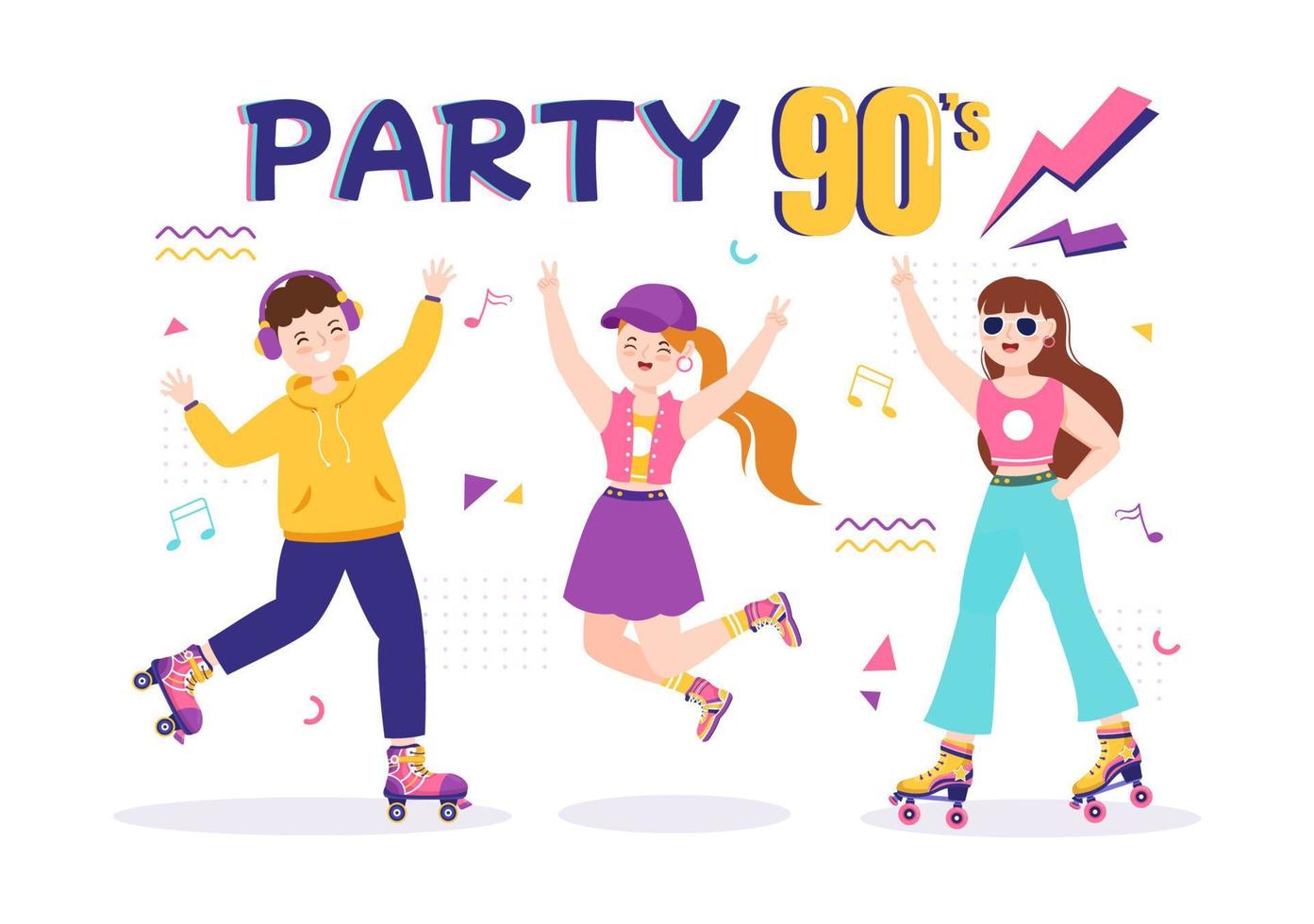 Ilustración de fondo de dibujos animados de fiesta retro de los 90 con música, zapatillas, radio y gente de baile en un diseño moderno de estilo plano vector