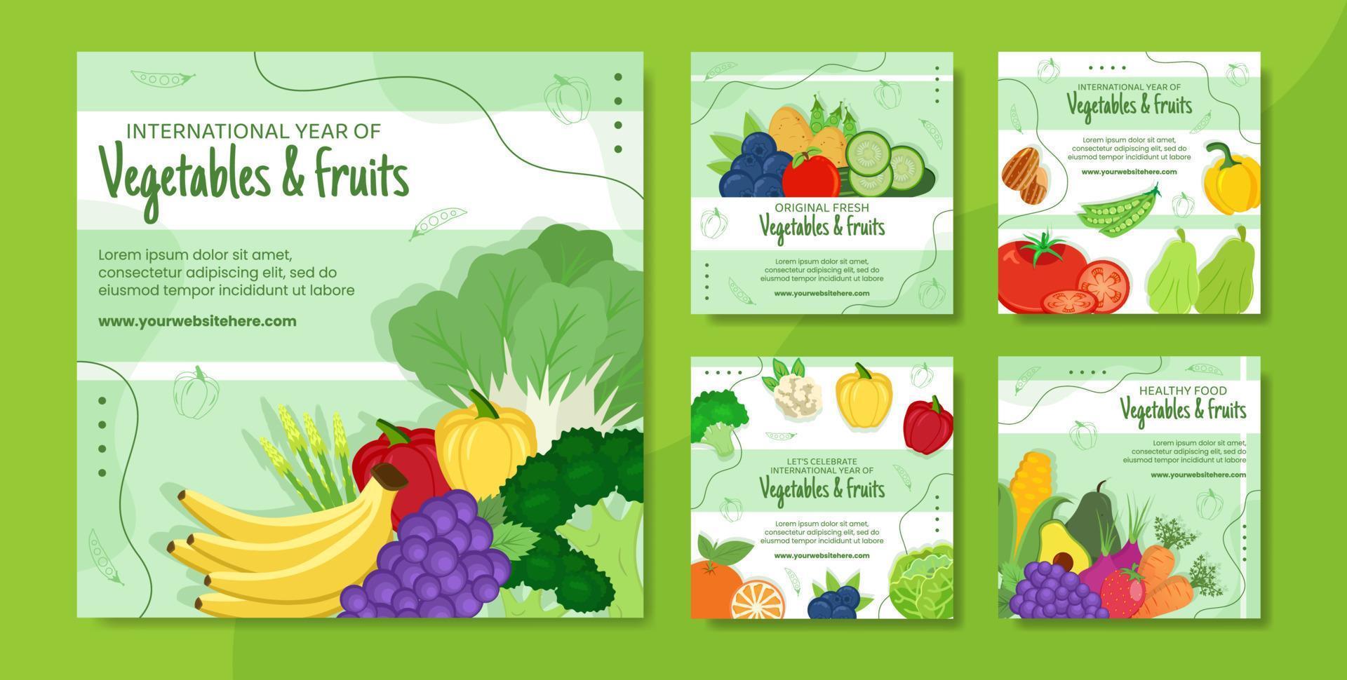 ilustración de vector de fondo de dibujos animados de plantilla de publicación de redes sociales de verduras y frutas