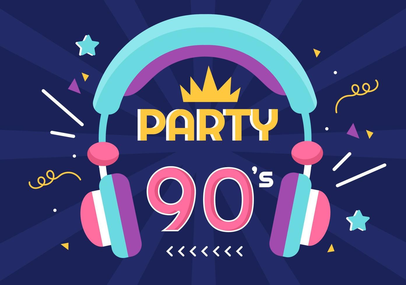 90s Retro Party Cartoon Background Illustration with Nineties Music, Sneakers, Radio, Dance Time and Tape Cassette in Trendy Flat Style Design vector