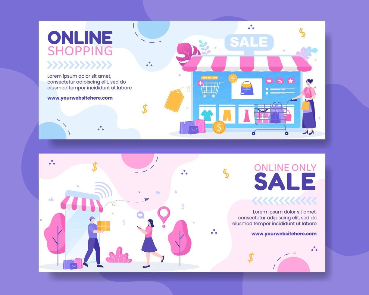 Online Shopping Horizontal Banner Template Flat Cartoon Background Vector Illustration