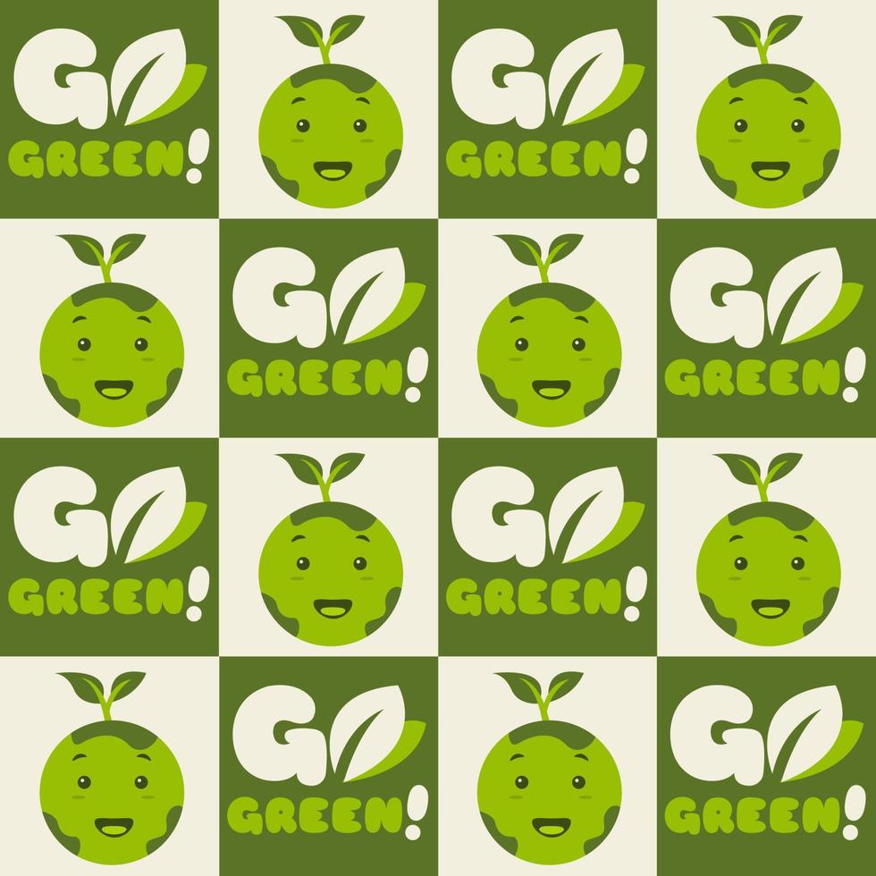 Illustration vector graphic pattern design with earth cartoon character in flat kawaii doodle style. Suitable for go green theme, save the planet campaign, eco friendly product, etc.