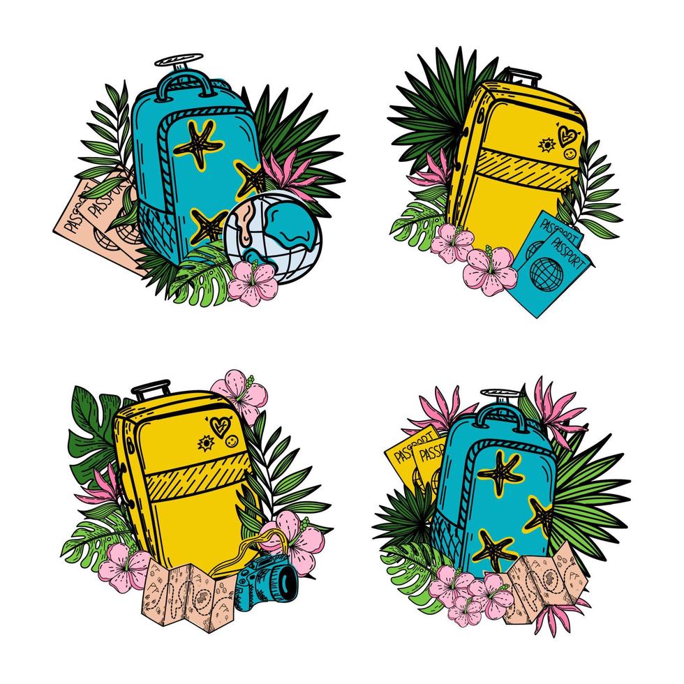 Set of different icons with luggage and flowers, hand-drawn doodle in sketch style. Vector illustration. Large suitcase, passport, globe and exotic flowers with leaves. Accessories. Sketch