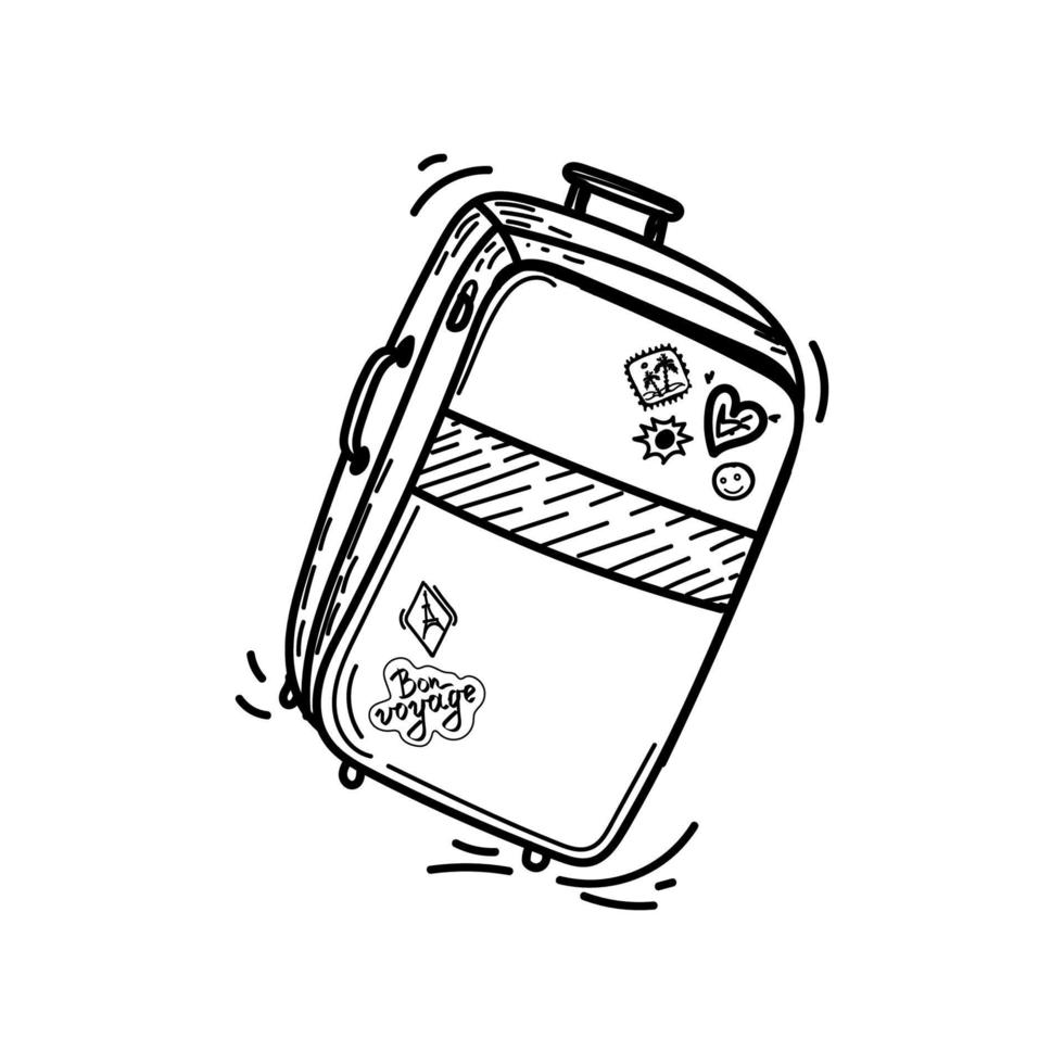 Large suitcase, hand-drawn doodle in sketch style. Vector illustration. Suitcase with positive stickers, smiley face, heart and stamps of different countries. Tourism. Airplane. Sketch