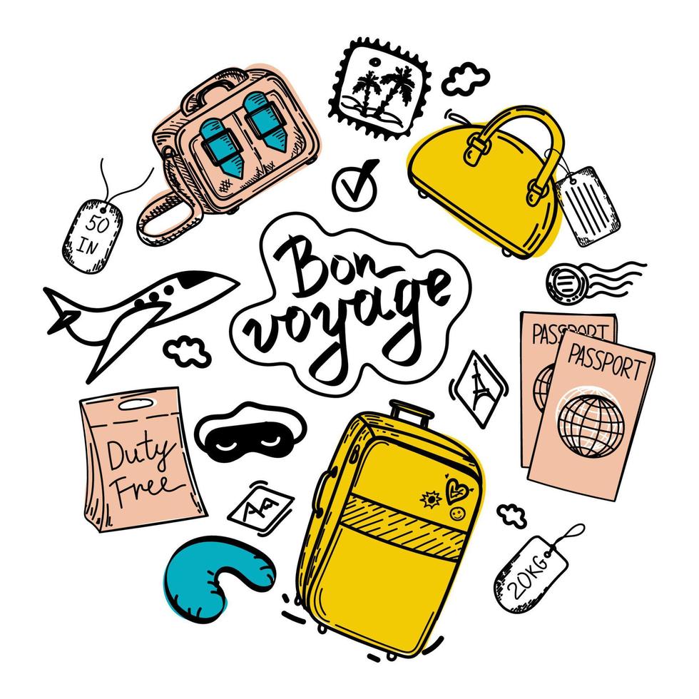 Set of objects for travel, flight, hand-drawn in sketch style. Hand-drawn inscription. Vector illustration. Large suitcase, passports, hand luggage, valise, sleep mask, bags and tags. Airplane