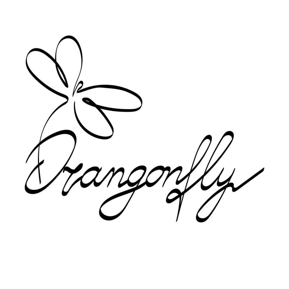 Stylized hand-drawn dragonfly lettering. Logo. Hand-drawn inscription. Vector. Single-line drawing. Black and white image. Dragonfly. Insect. Suitable for posters, stickers and postcards vector