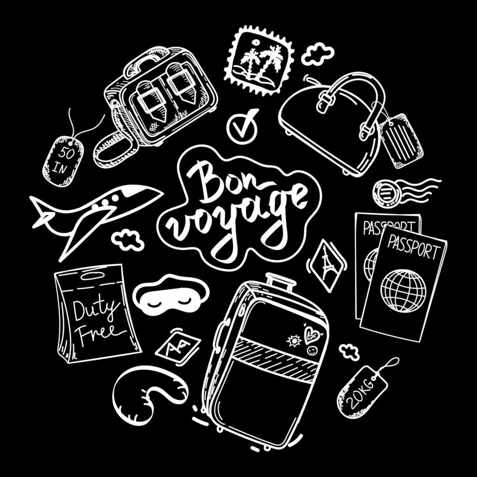 A set of objects for traveling, flying, arranged in a circle. Hand-drawn sketch-style elements on black background. Hand-drawn inscription. Suitcase, passports, hand luggage, valise, sleep mask vector