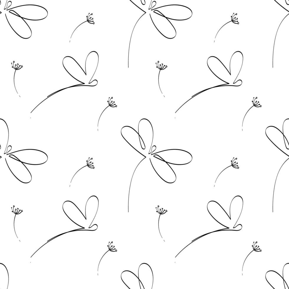 A seamless pattern of stylized dragonflies, hand-drawn doodles. Single line drawing. Black and white image. Dragonfly and flowers. Insect. Summer vector