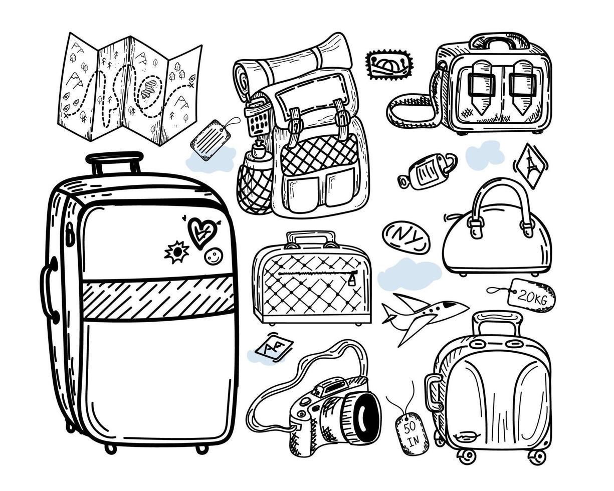 Set of different types of luggage, hand-drawn in sketch style. Vector illustration. Large and small suitcase, backpack, small bag, hand luggage, valise, tags. Map. Camera. Airplane. Sketch