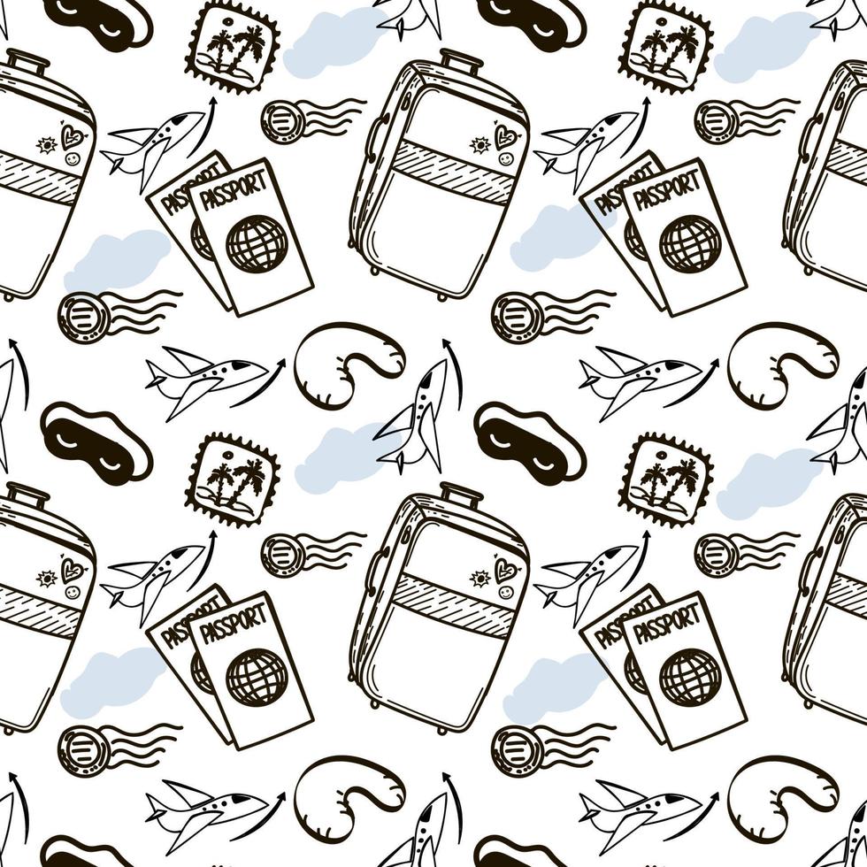 Seamless pattern of travel items, hand-drawn in sketch style. Large suitcase, stamp with palm trees, passports, sleep mask and neck pillow. Luggage. Airplane. Sketch vector