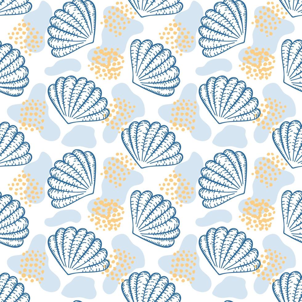 Seamless seashell pattern, hand-drawn doodle in sketch style. Summer. Ocean. Seashells with abstract spots and circles. Sea background vector