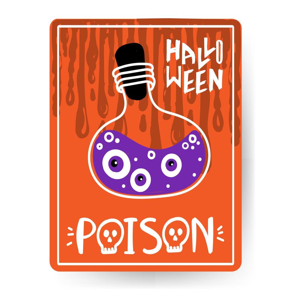 Halloween greeting card with handwritten text. Poison bottle, liquid with bubbles, hand-drawn in flat style. Witch Potion. Illustration on orange background with dark undertones vector