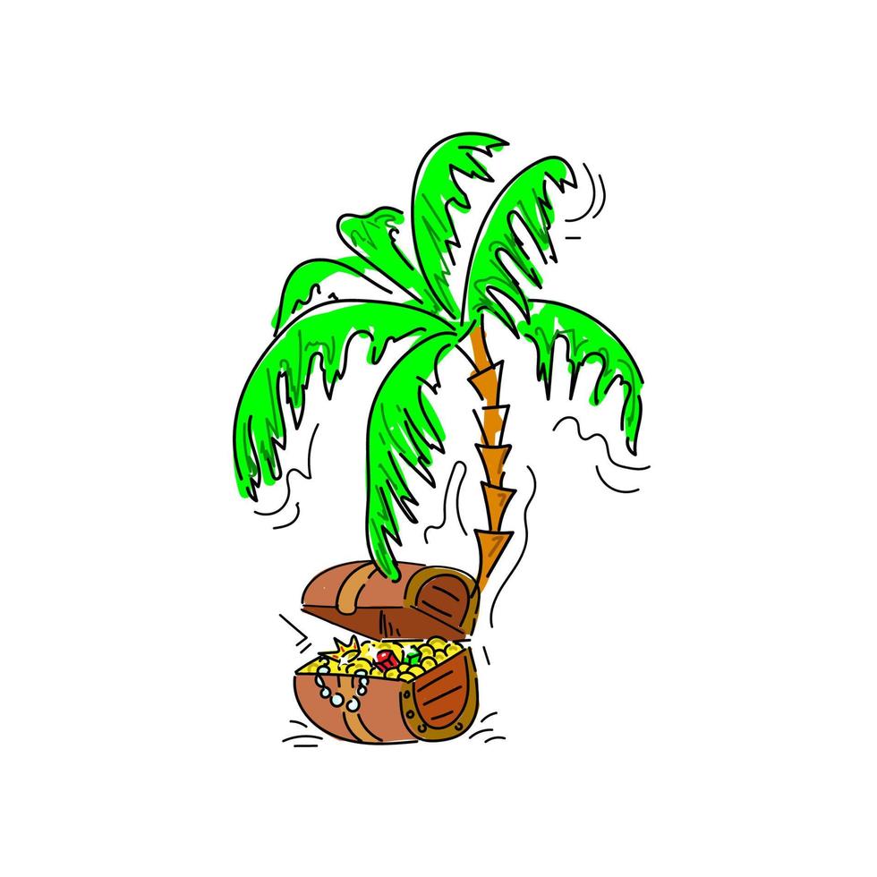 A treasure chest with a palm tree, hand-drawn in doodle style. Antique coins, crown and gems. Open chest. Treasure. Pirates. Flat style vector. Suitable for children's illustrations and t-shirt print. vector