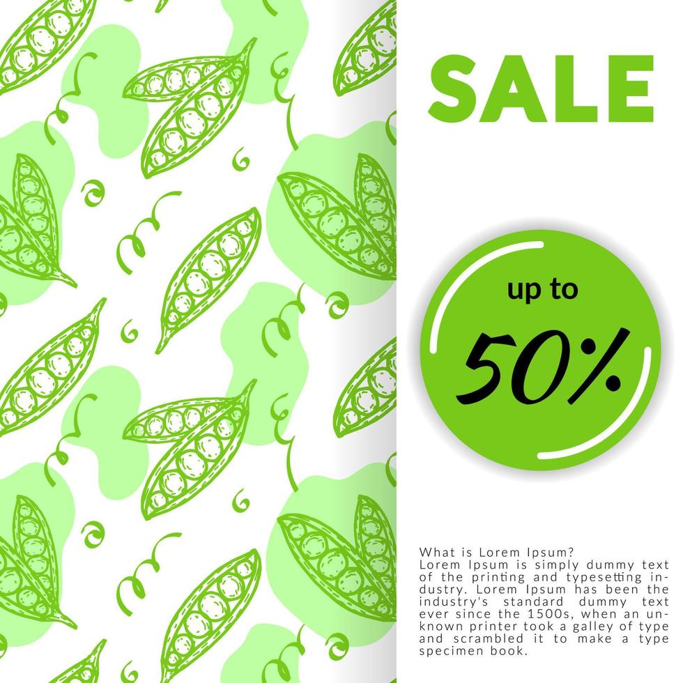 Discount banner, discount poster, farm store advertising template. Open green peas. Abstract spots with tendrils of pea plants, hand-drawn sketch elements. Vegetables. Vector illustration