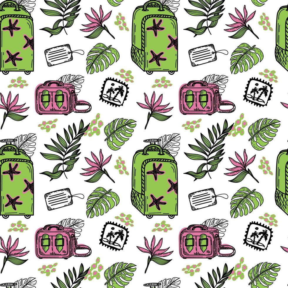 Seamless pattern of luggage bags and tropical elements, hand-drawn in sketch style. Hawaii. Leaves and flowers. Large suitcase, small bag - hand luggage, handbag. Luggage. Summer vector