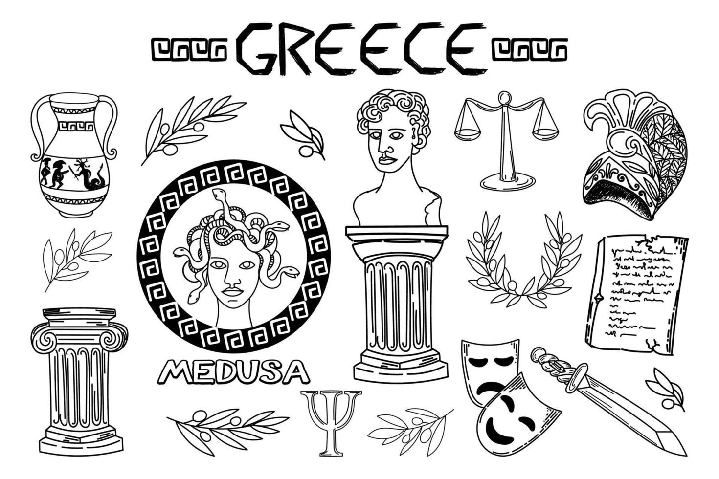 conjunto de elementos antiguos de la antigua grecia y roma, dibujados a mano en estilo boceto. gorgona medusa. cabeza de perseo, vaso con hazaña, corona de laurel, estatuas, espada, columnas de orden jónico y dórico vector