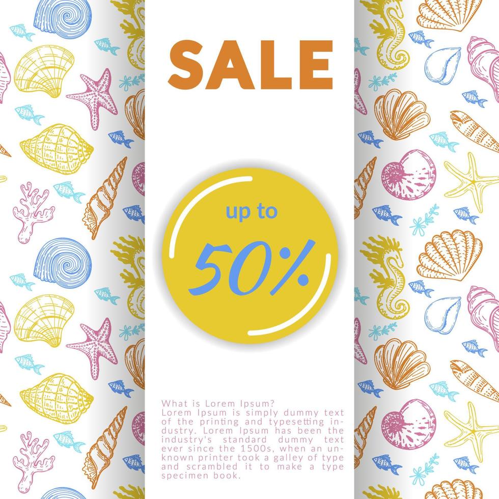 Discount banner, discount poster, nautical products advertising template. Seamless background with sea creatures, hand-drawn in sketch style. Shells, seaweed and small fish. Sea bottom vector