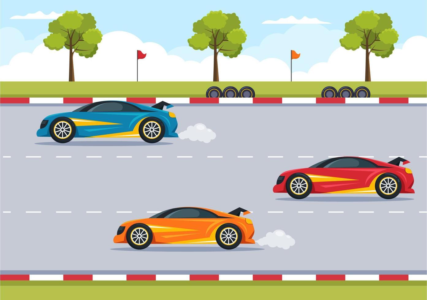 Fórmula de carreras de autos deportivos alcanzan en el circuito de carreras la ilustración de dibujos animados de la línea de meta para ganar el campeonato en un diseño de estilo plano vector