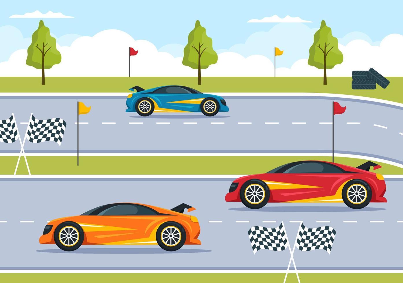 Fórmula de carreras de autos deportivos alcanzan en el circuito de carreras la ilustración de dibujos animados de la línea de meta para ganar el campeonato en un diseño de estilo plano vector