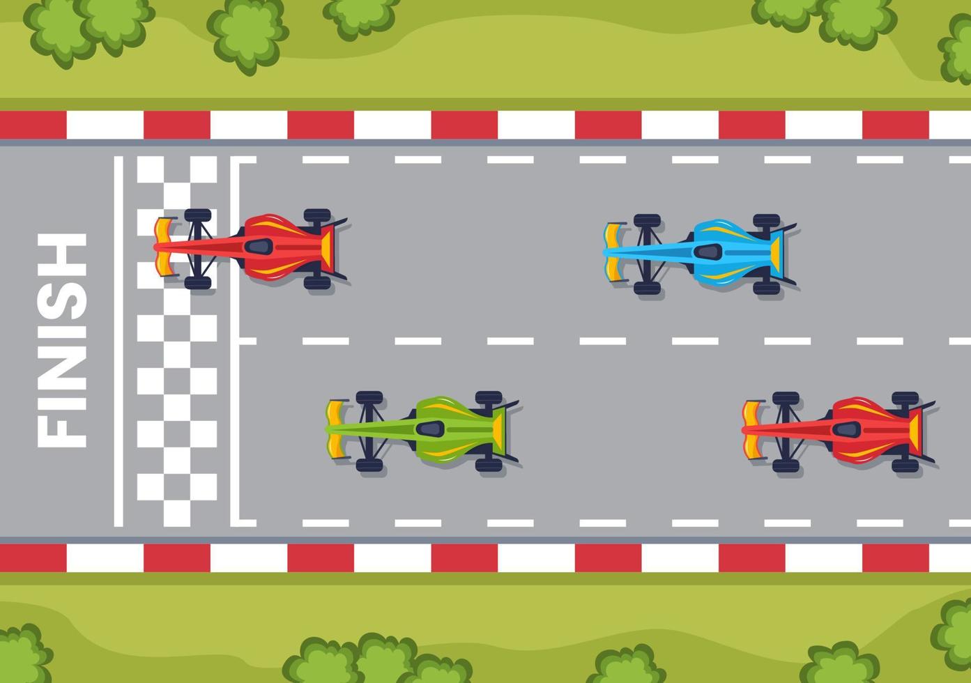 Fórmula de carreras de autos deportivos alcanzan en el circuito de carreras la ilustración de dibujos animados de la línea de meta para ganar el campeonato en un diseño de estilo plano vector