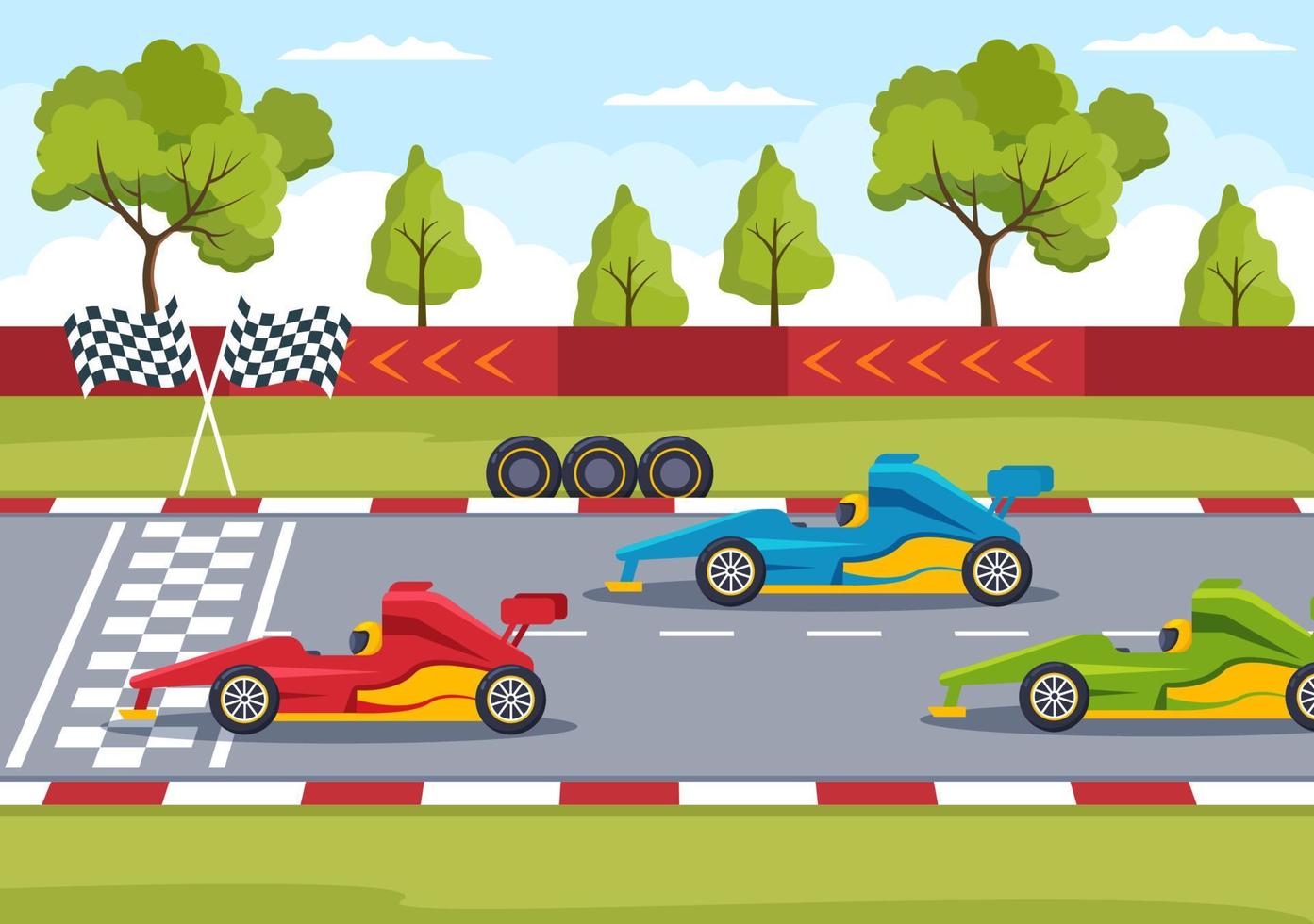 Fórmula de carreras de autos deportivos alcanzan en el circuito de carreras la ilustración de dibujos animados de la línea de meta para ganar el campeonato en un diseño de estilo plano vector