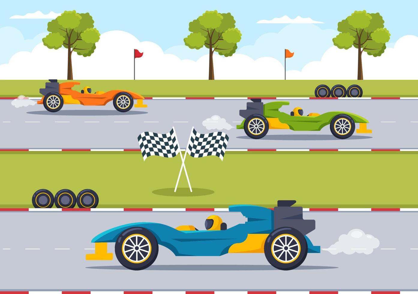 Fórmula de carreras de autos deportivos alcanzan en el circuito de carreras la ilustración de dibujos animados de la línea de meta para ganar el campeonato en un diseño de estilo plano vector