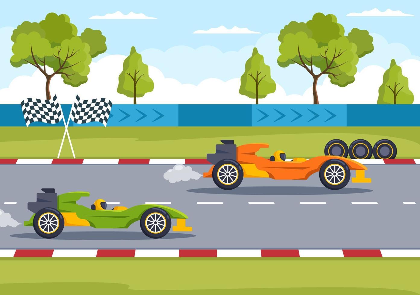 Fórmula de carreras de autos deportivos alcanzan en el circuito de carreras la ilustración de dibujos animados de la línea de meta para ganar el campeonato en un diseño de estilo plano vector