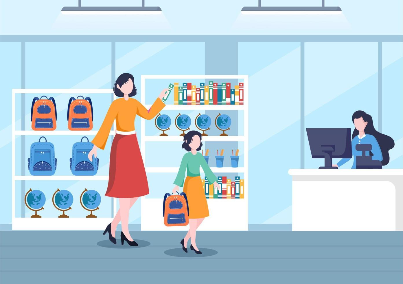 Stationery Shop for Buying School Supplies Like a Book, Backpack, Notebook, Ruler, Pencil, Pen, Calculator or Scissors in Flat Cartoon Illustration vector