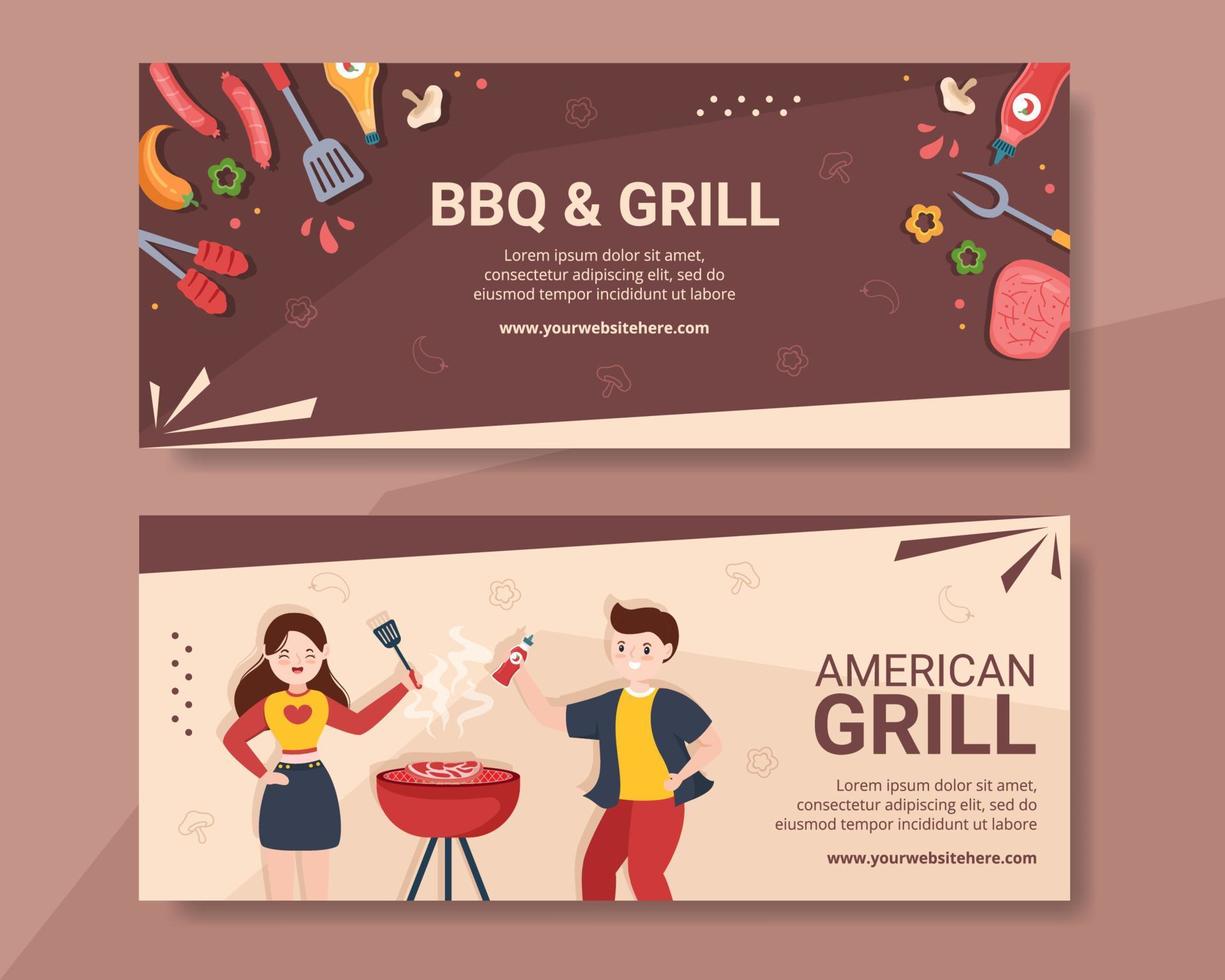 barbacoa o barbacoa plantilla de banner horizontal ilustración de vector de fondo de dibujos animados plana