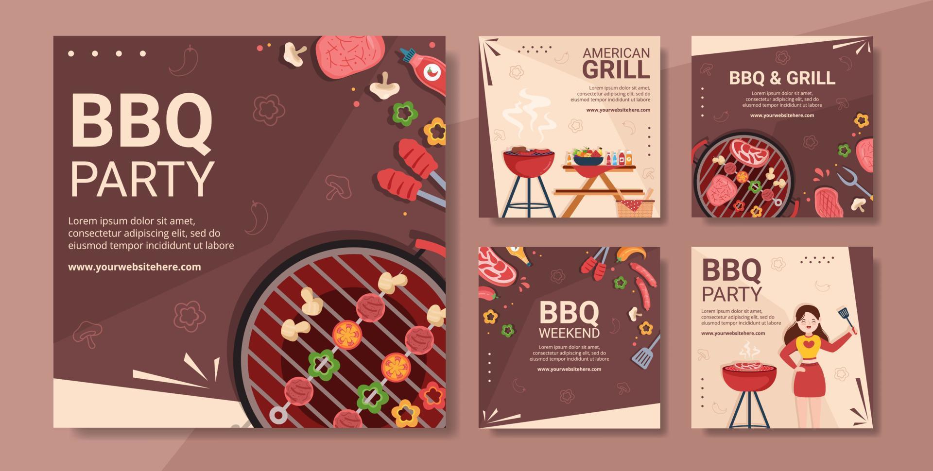 ilustración de vector de fondo de dibujos animados plana de plantilla de publicación de redes sociales de barbacoa o barbacoa