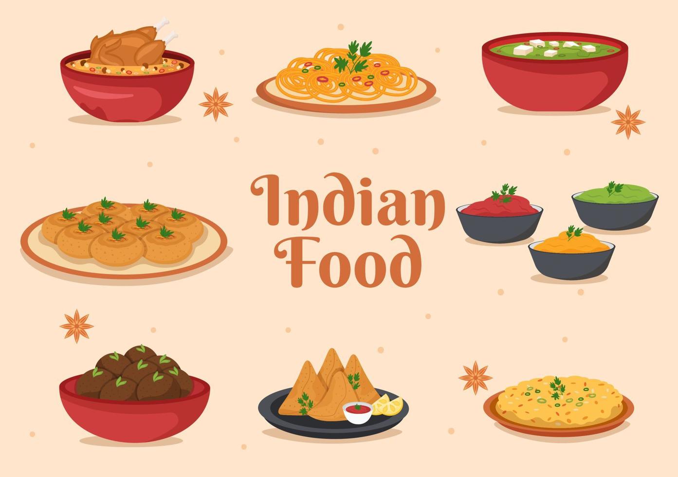 ilustración de dibujos animados de comida india con varias colecciones de deliciosos platos de cocina tradicional en un diseño de estilo plano vector