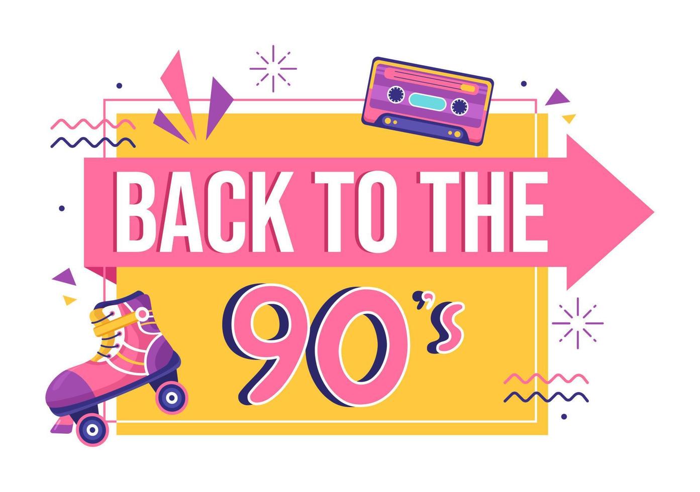 90s Retro Party Cartoon Background Illustration with Nineties Music, Sneakers, Radio, Dance Time and Tape Cassette in Trendy Flat Style Design vector