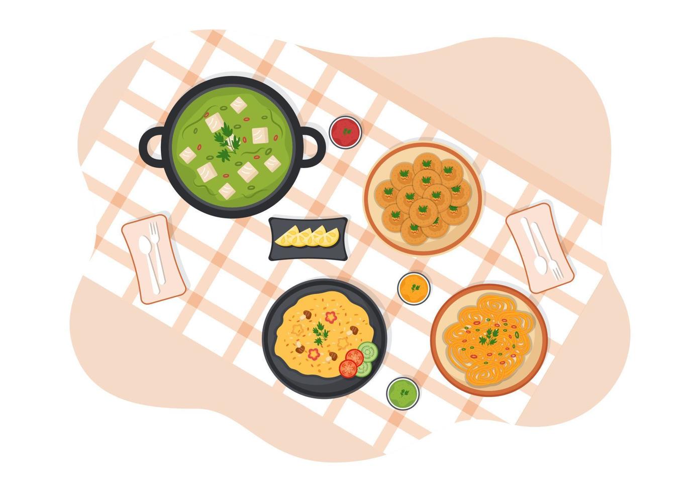 ilustración de dibujos animados de comida india con varias colecciones de deliciosos platos de cocina tradicional en un diseño de estilo plano vector