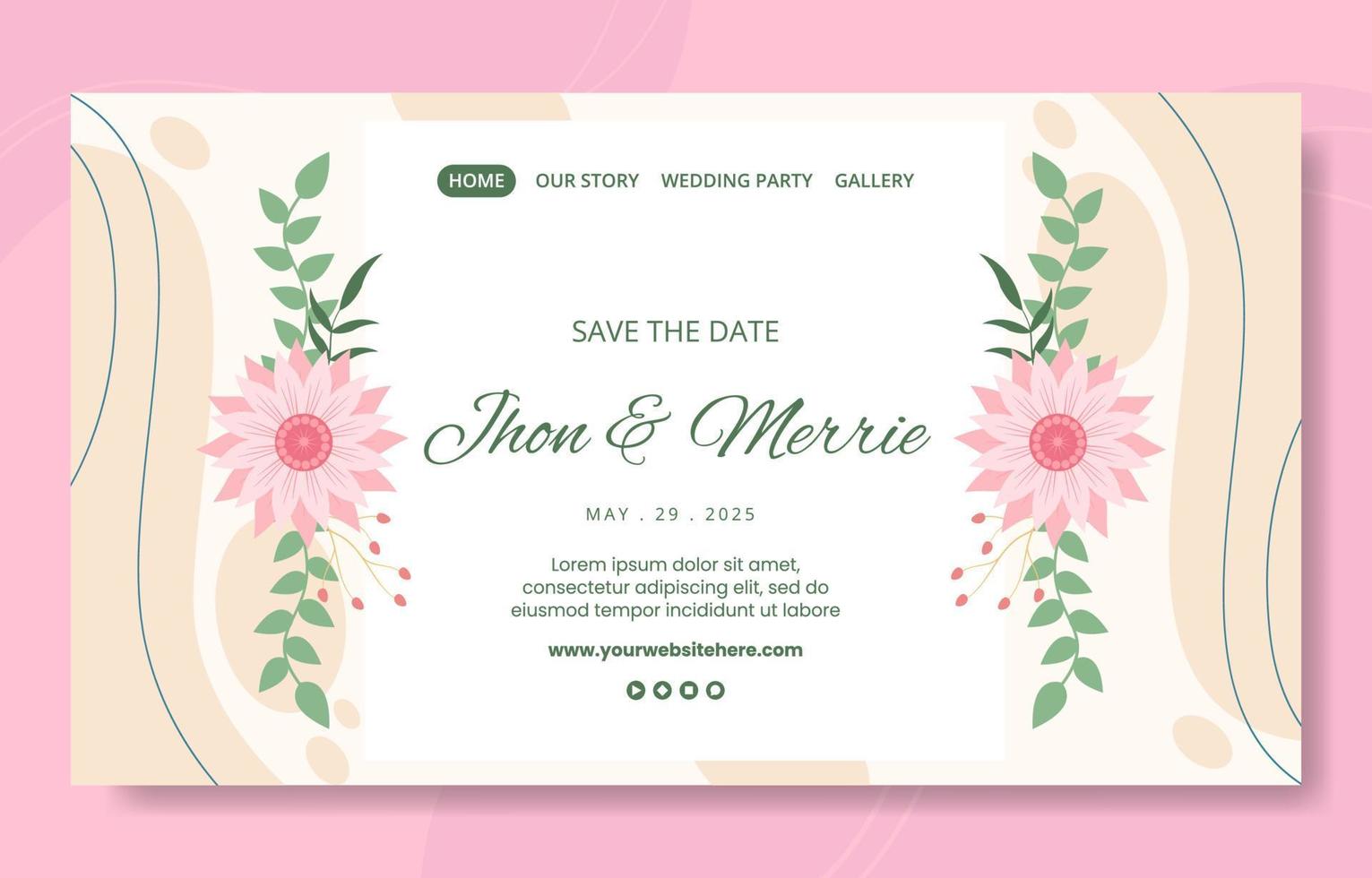 Floral Wedding Social Media Landing Page Template Flat Cartoon Background Vector Illustration