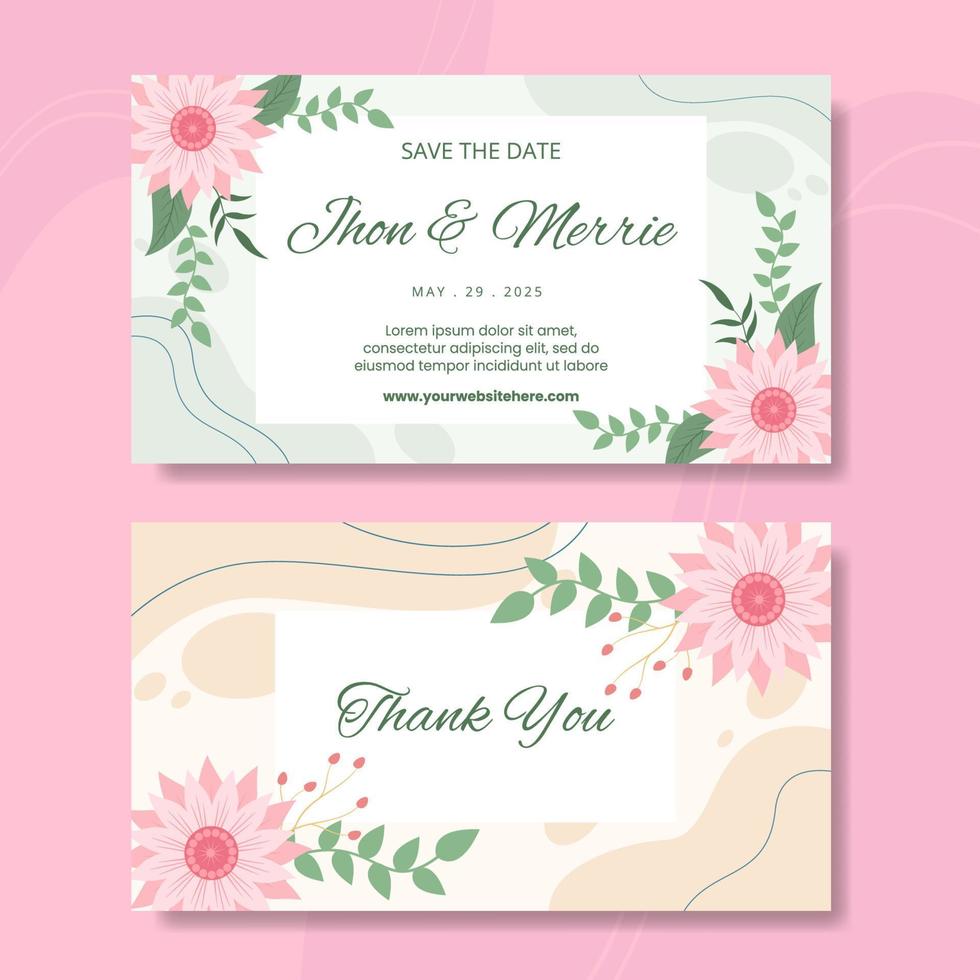 Floral Wedding Card Horizontal Template Flat Cartoon Background Vector Illustration