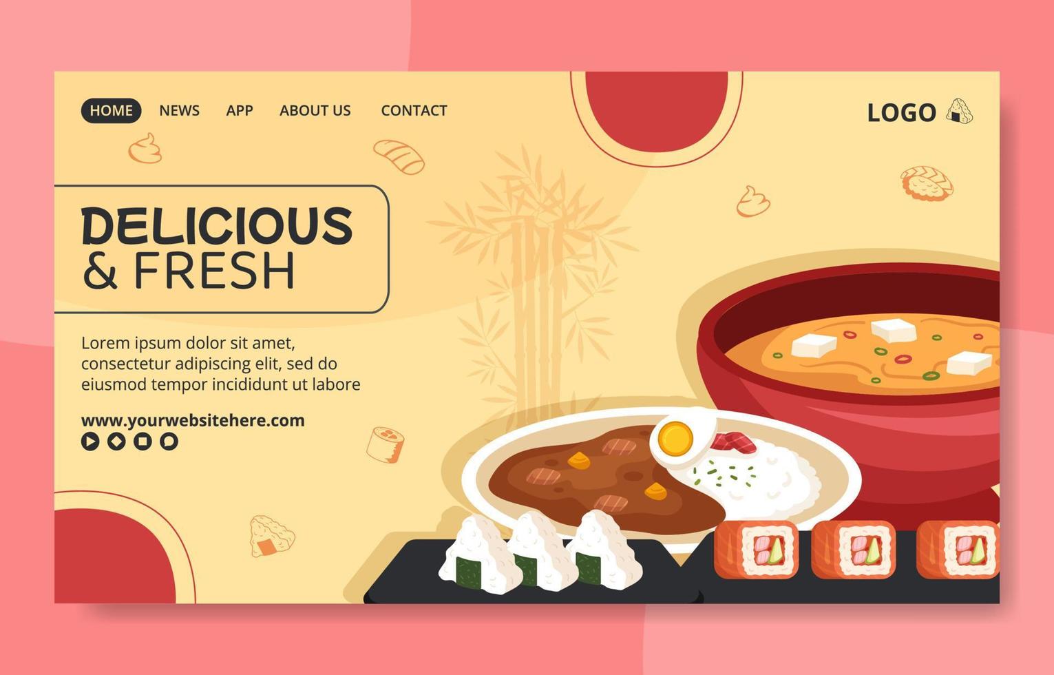 Japanese Food Social Media Landing Page Template Flat Cartoon Background Vector Illustration