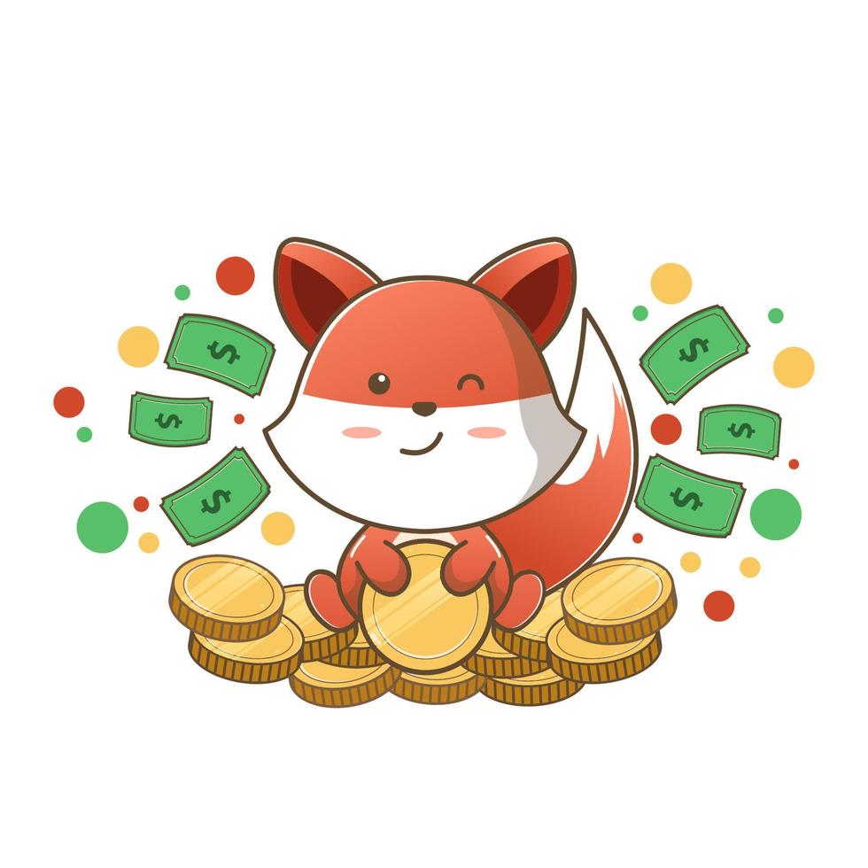 fox sitting on coin with dollar bill flying vector