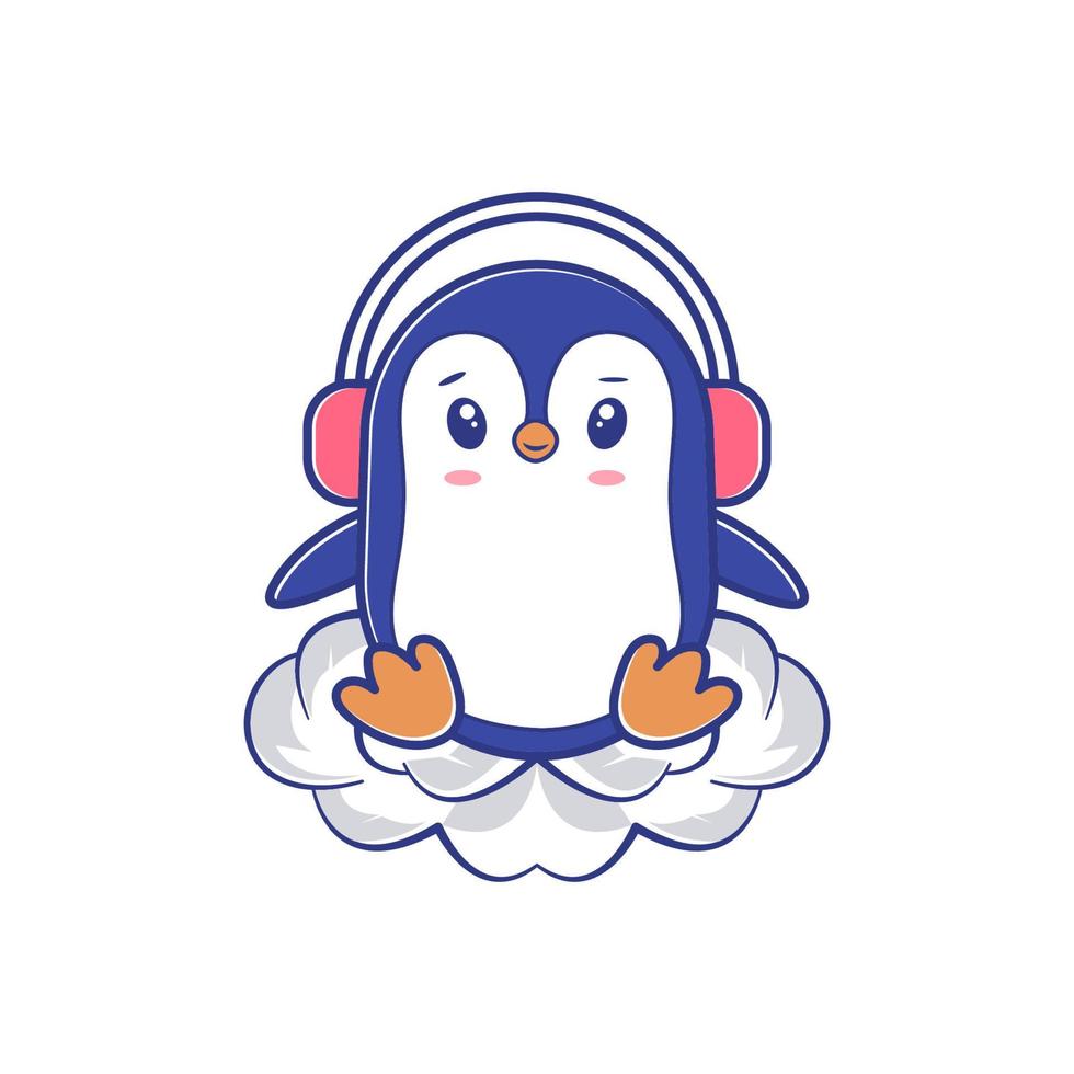 cute penguin with headset and sitting on cloud vector