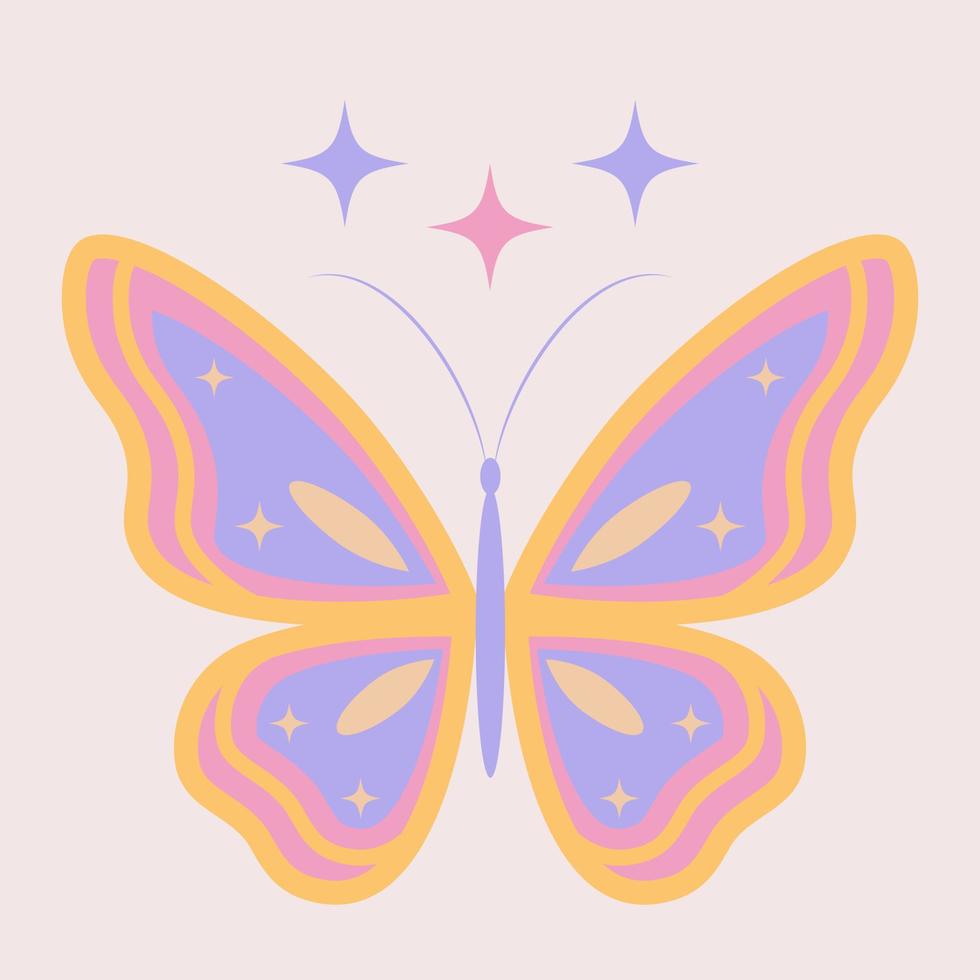 Groovy butterfly print for graphic tee. Retro 70s 60s hippie vector illustration on a beige background