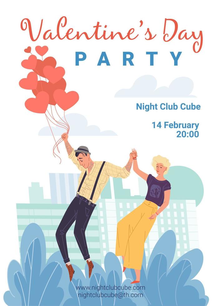 Flat cartoon characters in love,Valentine Day party flyer vector illustration