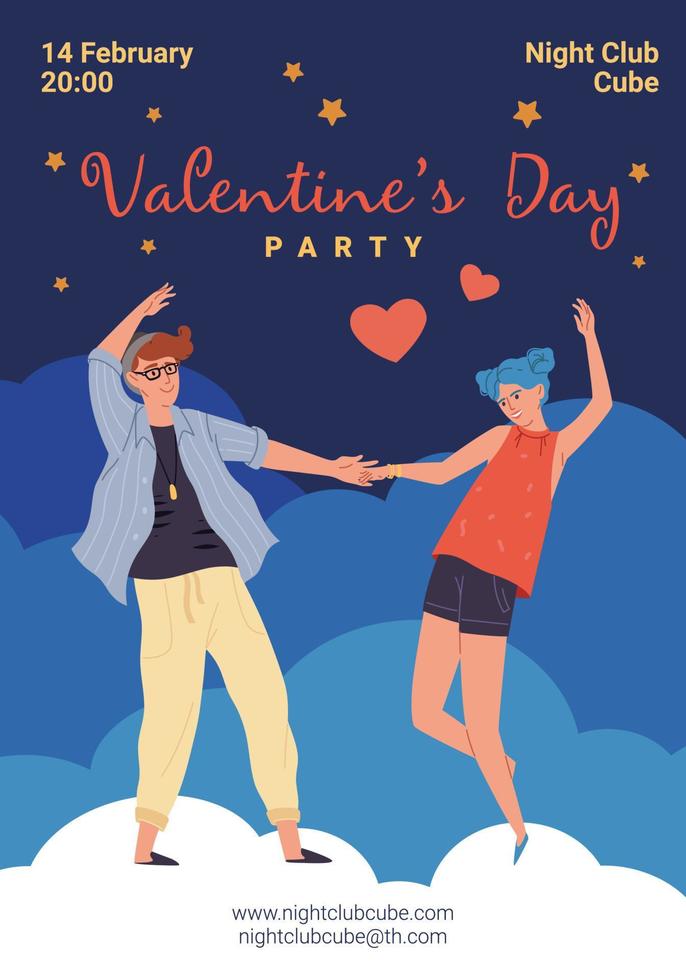 personajes de dibujos animados planos enamorados, ilustración vectorial del volante de la fiesta del día de san valentín vector