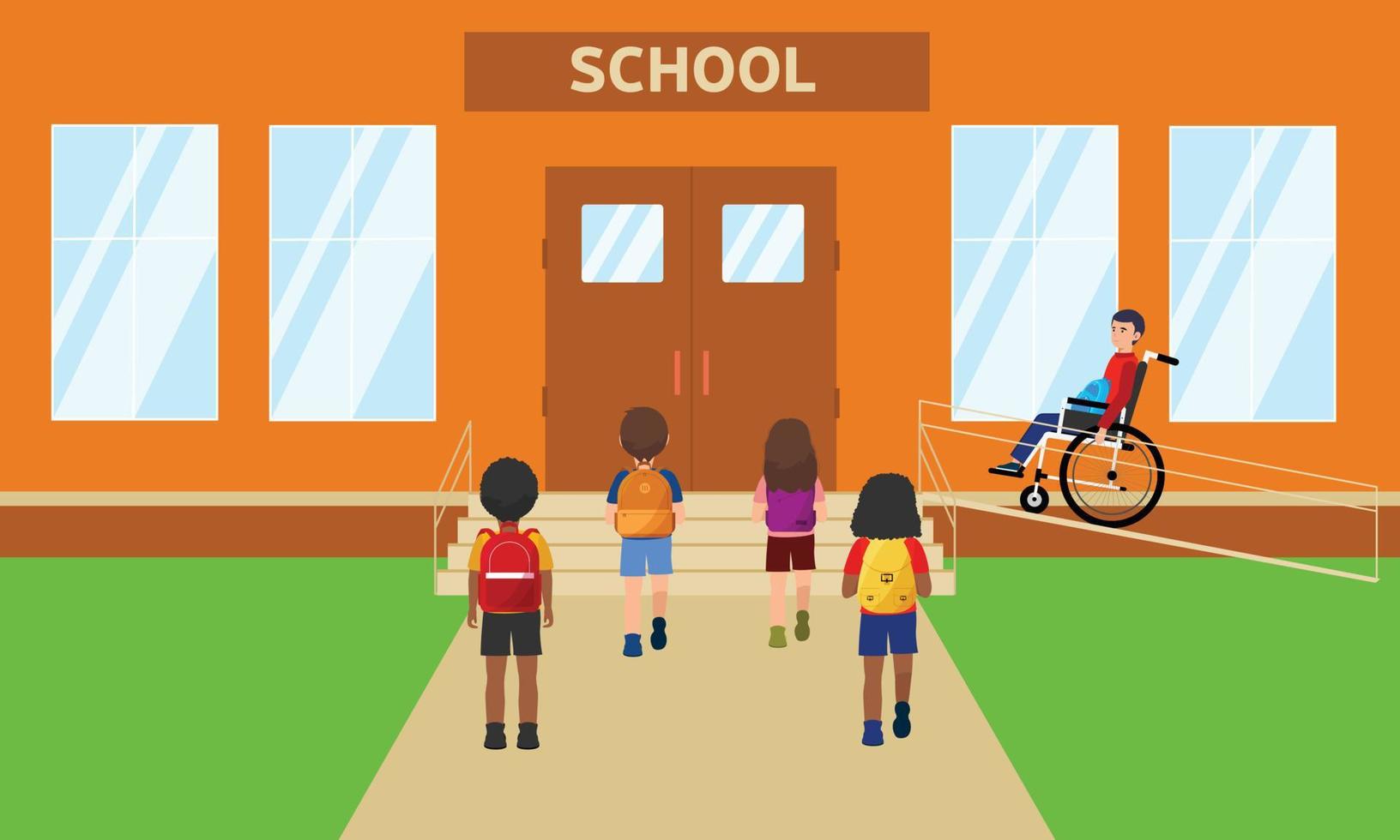 Inclusiveness children. a schoolboy goes to school in a wheelchair. Group of schoolchildren mix race on foot schoolchildren from the smallest students elementary flat vector illustrations back view