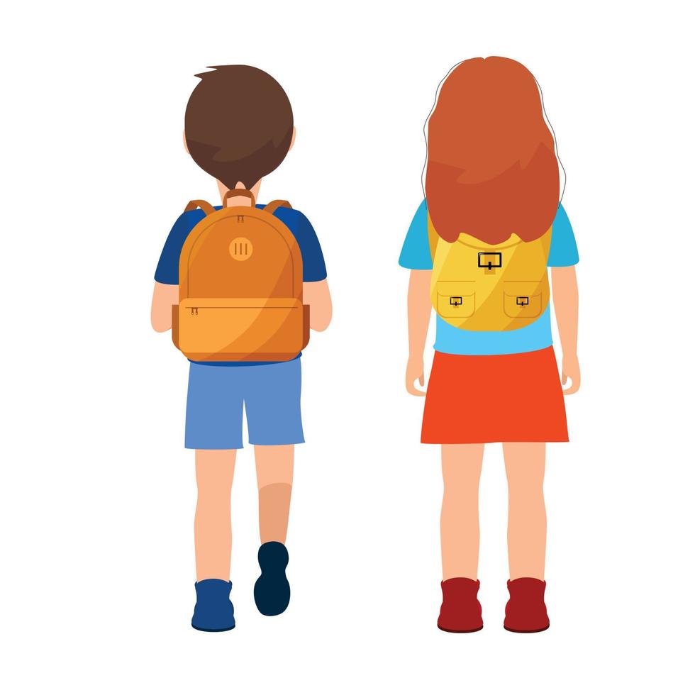 children with backpack back view.  Schoolboy and schoolgirl with bags isolated on the white background. View from the back. vector