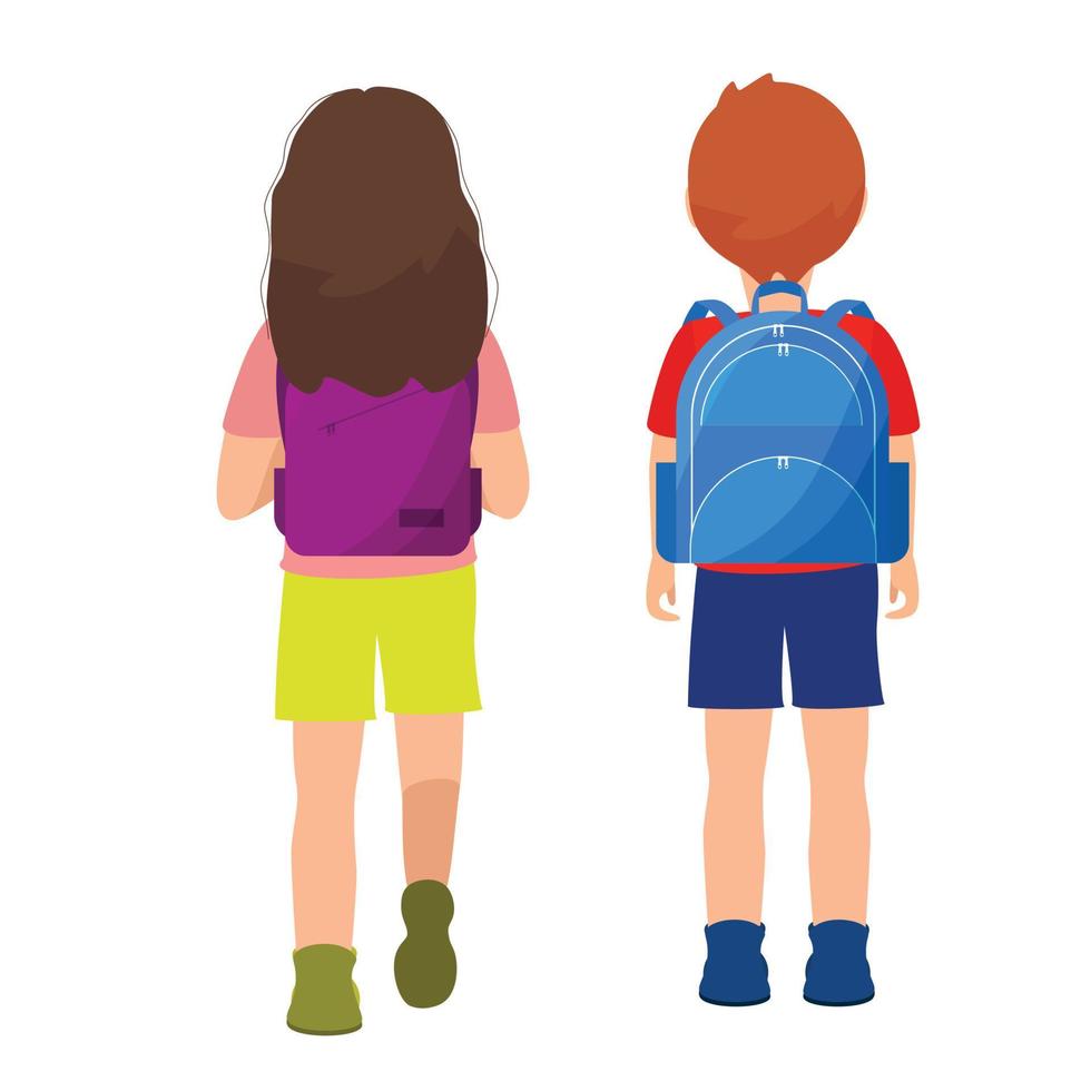 The backs of schoolchildren with colorful backpacks move along the street vector
