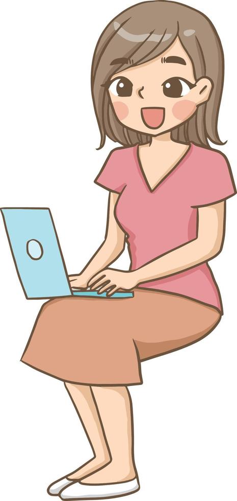 mujer trabajo computadora lindo kawaii dibujos animados personaje ilustración clipart descarga gratuita vector