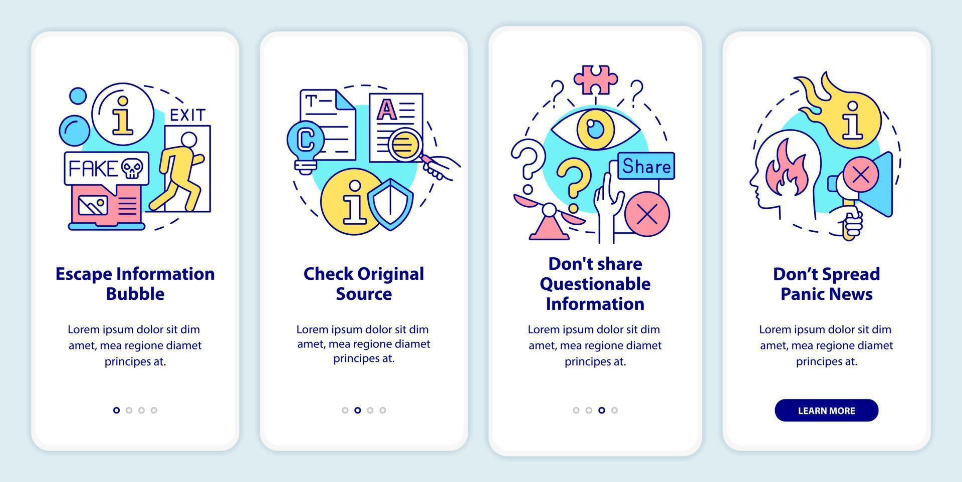 Fighting misinformation onboarding mobile app screen. Walkthrough 4 steps graphic instructions pages with linear concepts. UI, UX, GUI template. vector