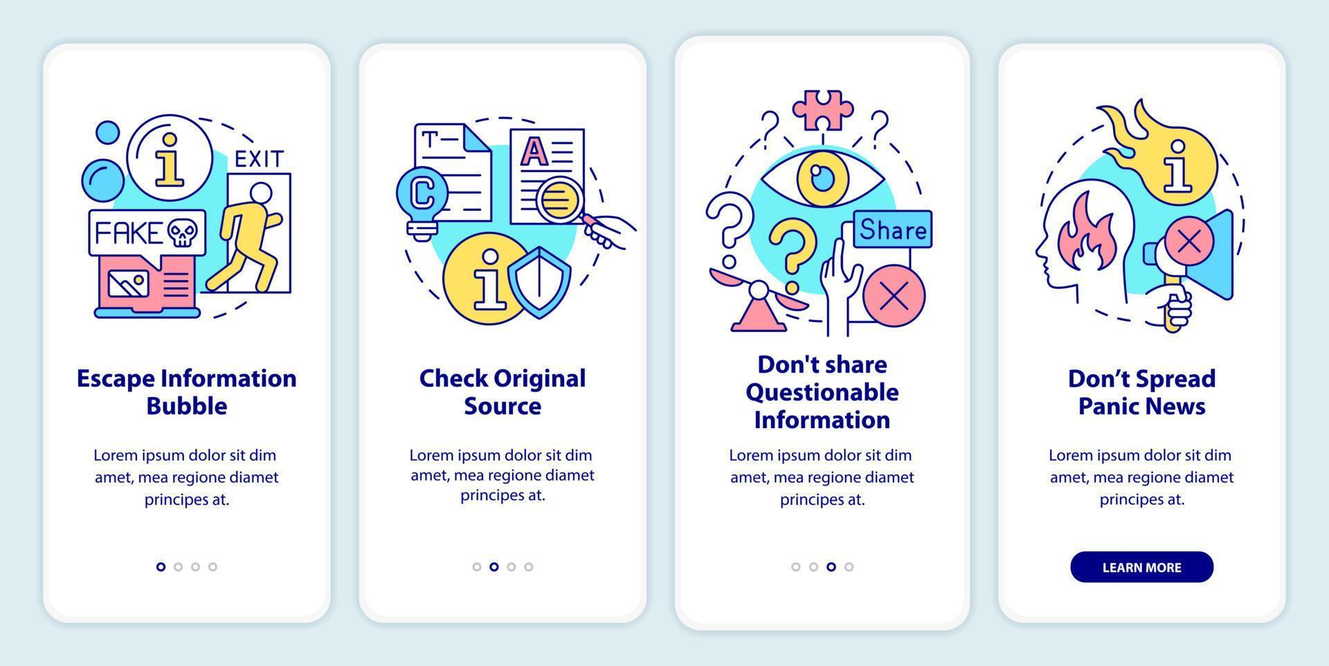 combatir la desinformación al incorporar la pantalla de la aplicación móvil. tutorial 4 pasos páginas de instrucciones gráficas con conceptos lineales. interfaz de usuario, ux, plantilla de interfaz gráfica de usuario. vector