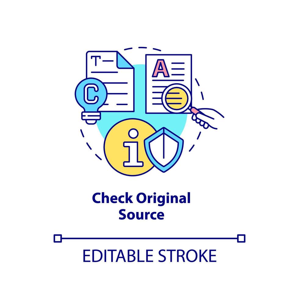 Check original source concept icon. Verified source. Fighting misinformation abstract idea thin line illustration. Isolated outline drawing. Editable stroke. vector