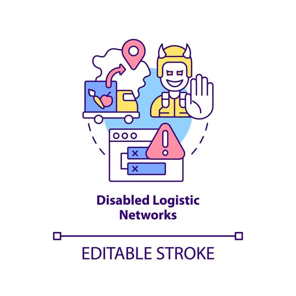 Disabled logistic networks concept icon. Form of information warfare abstract idea thin line illustration. Isolated outline drawing. Editable stroke. vector